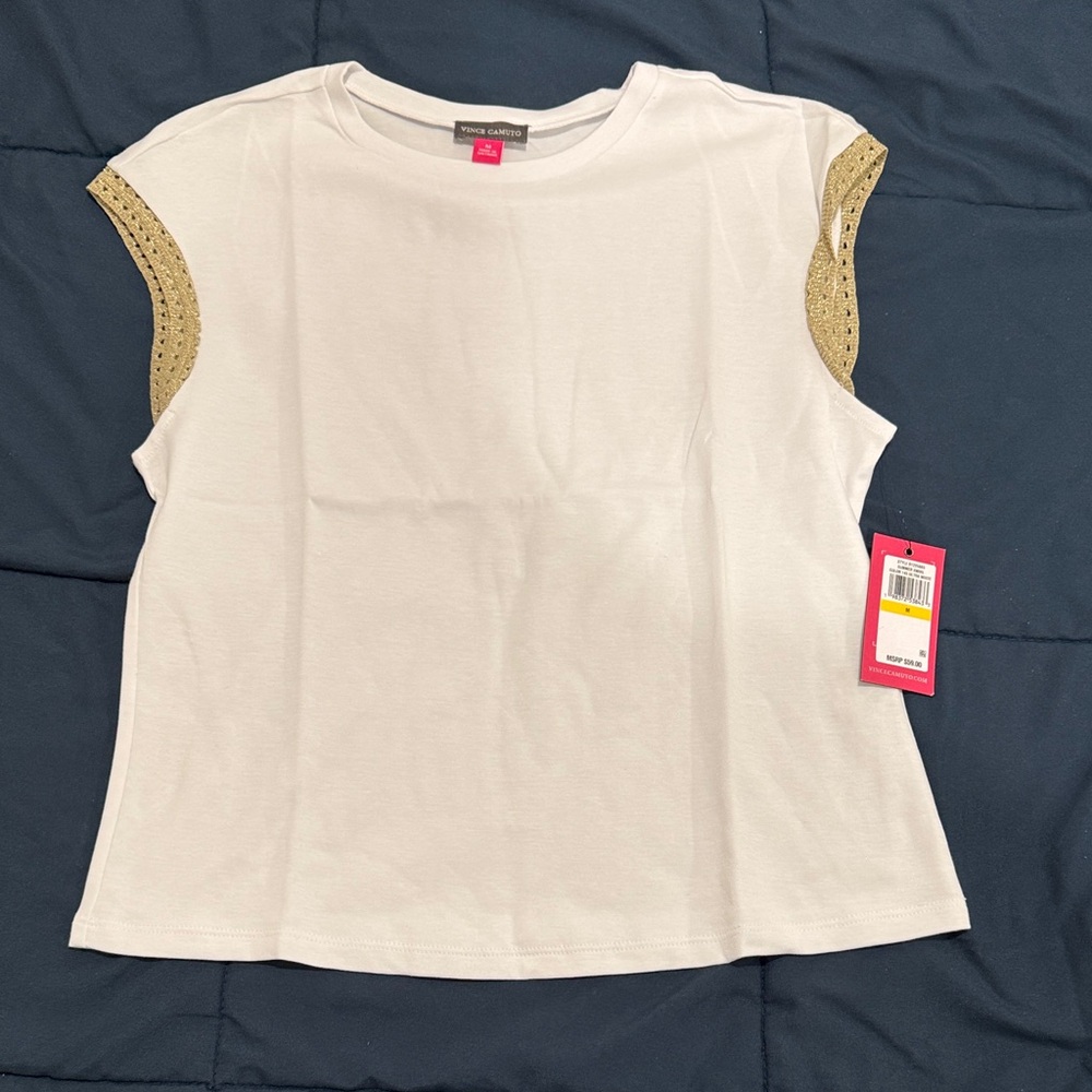 Vince Camuto White Tee with Gold Trim Sleeves | Size M | NWT - Picture 2 of 7